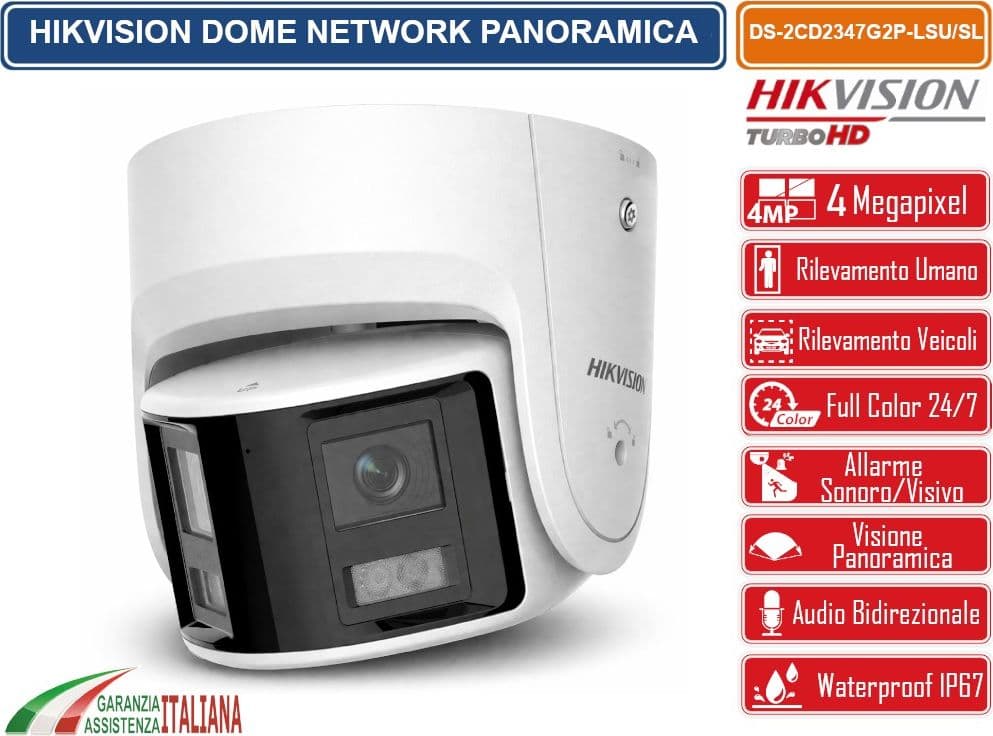 HIKVISION DS-2CD2347G2P-LSU/SL TELECAMERA IP PANORAMICA 4MP COLORVU 180° DUAL LENS CON ALLARME ATTIVO AUDIO BIDIREZIONALE WDR 130DB H.265+, IP67 - 3