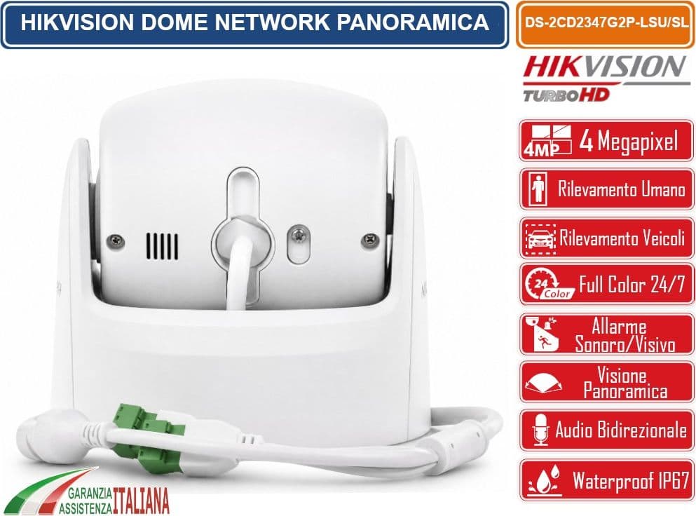 HIKVISION DS-2CD2347G2P-LSU/SL TELECAMERA IP PANORAMICA 4MP COLORVU 180° DUAL LENS CON ALLARME ATTIVO AUDIO BIDIREZIONALE WDR 130DB H.265+, IP67 - 4