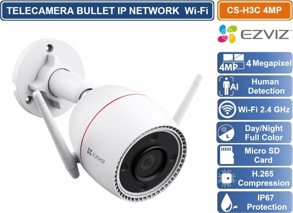 EZVIZ H3C TELECAMERA DI SICUREZZA WIFI 2K DA ESTERNO VISIONE NOTTURNA A COLORI RILEVAMENTO PERSONE CON AI DIFESA ATTIVA CON SIRENA E LUCI  AUDIO BIDIREZIONALE IP67