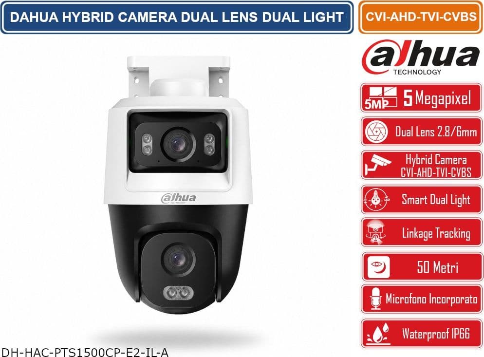 DAHUA HAC-PTS1500C-E2-IL-A TELECAMERA IBRIDA DUAL LENS 5MP SMART DUAL LIGHT DA ESTERNO CON TRACKING AUTOMATICO, IR 50M MICROFONO INTEGRATO - 2