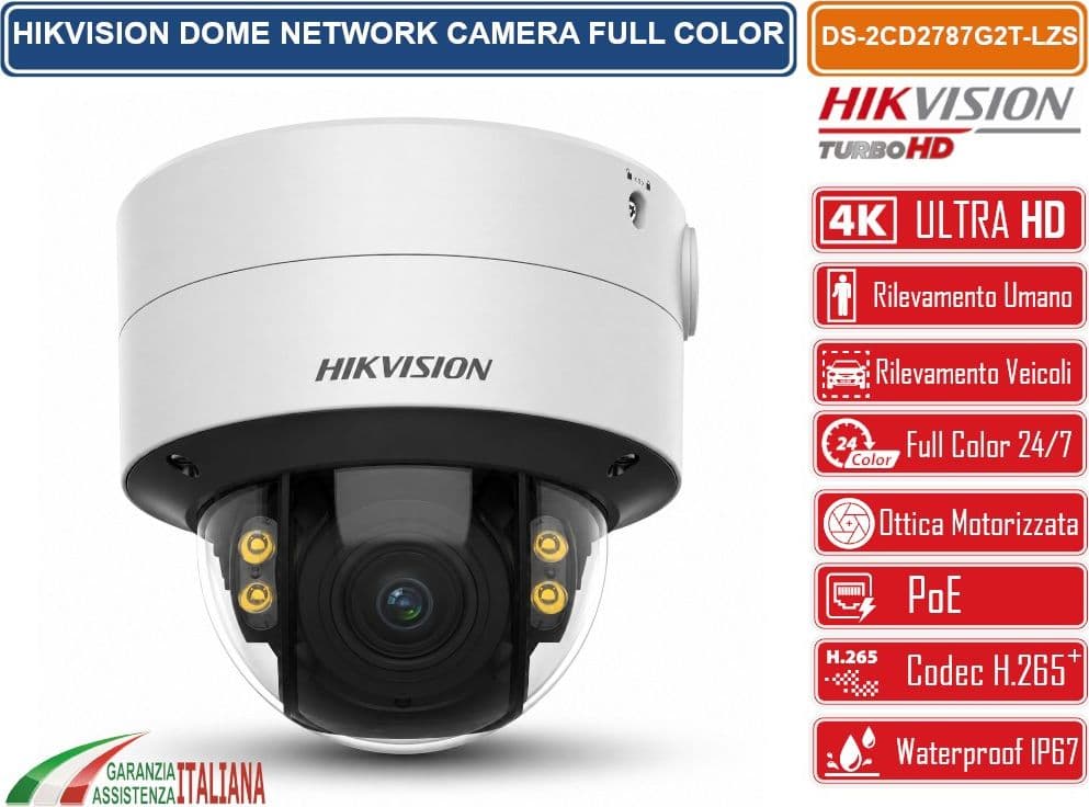 HIKVISION DS-2CD2787G2T-LZS TELECAMERA IP DOME 8MP 4K COLORVU VARIFOCALE MOTORIZZATA 2.8-12MM WDR 130DB POE IP67 IK10 AI - 2