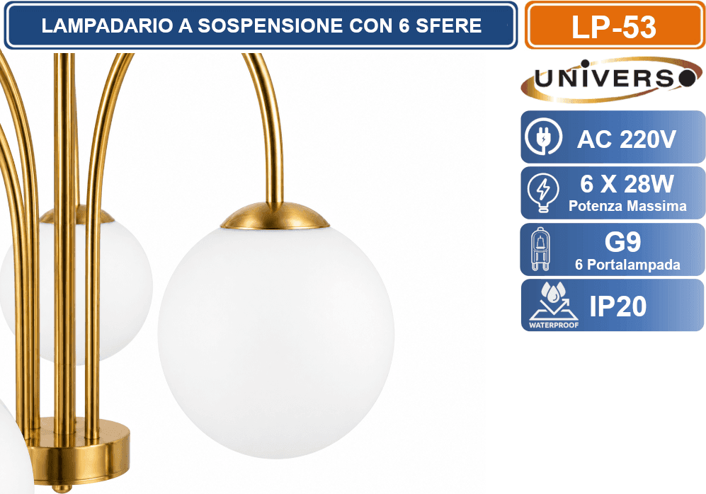 UNIVERSO LP-53 LAMPADARIO MODERNO 6 LUCI ORO SATINATO CON PARALUMI SFERICI BIANCHI ATTACCO G9 DESIGN ELEGANTE - 2