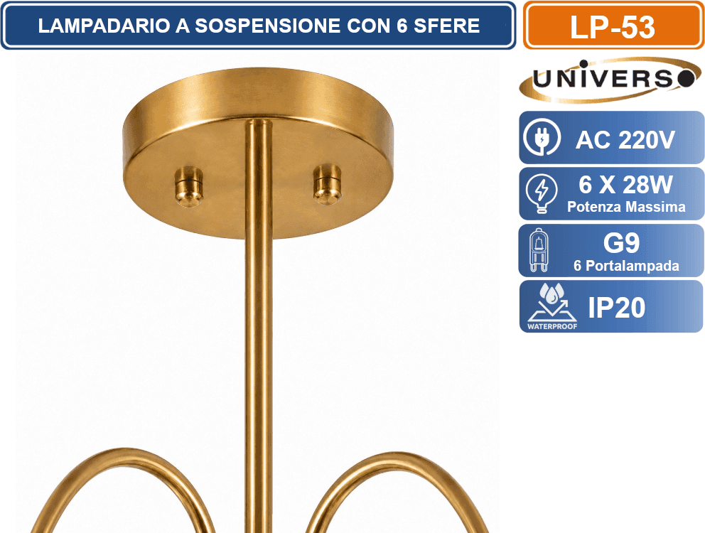 UNIVERSO LP-53 LAMPADARIO MODERNO 6 LUCI ORO SATINATO CON PARALUMI SFERICI BIANCHI ATTACCO G9 DESIGN ELEGANTE - 3