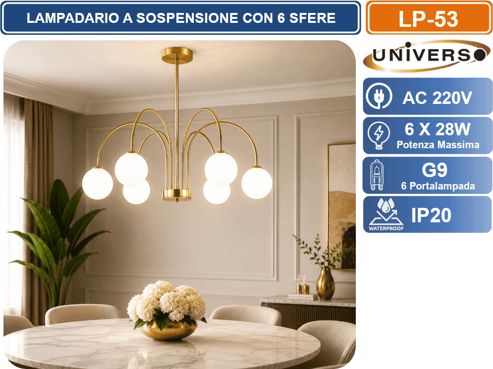 UNIVERSO LP-53 LAMPADARIO MODERNO 6 LUCI ORO SATINATO CON PARALUMI SFERICI BIANCHI ATTACCO G9 DESIGN ELEGANTE - 4
