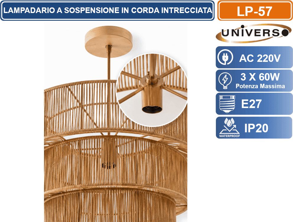 UNIVERSO LP-57 LAMPADARIO A SOSPENSIONE INTRECCIATO 3 LIVELLI IN CORDA DI CARTA NATURALE Ø50 CM CON 3 ATTACCHI E27 - 2