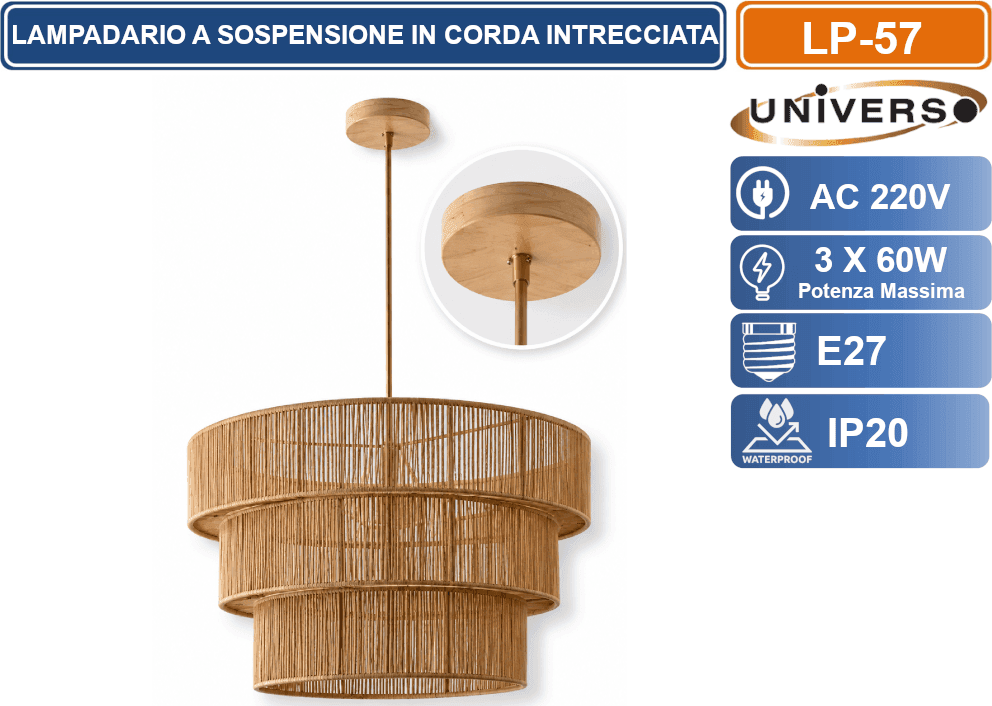 UNIVERSO LP-57 LAMPADARIO A SOSPENSIONE INTRECCIATO 3 LIVELLI IN CORDA DI CARTA NATURALE Ø50 CM CON 3 ATTACCHI E27 - 3