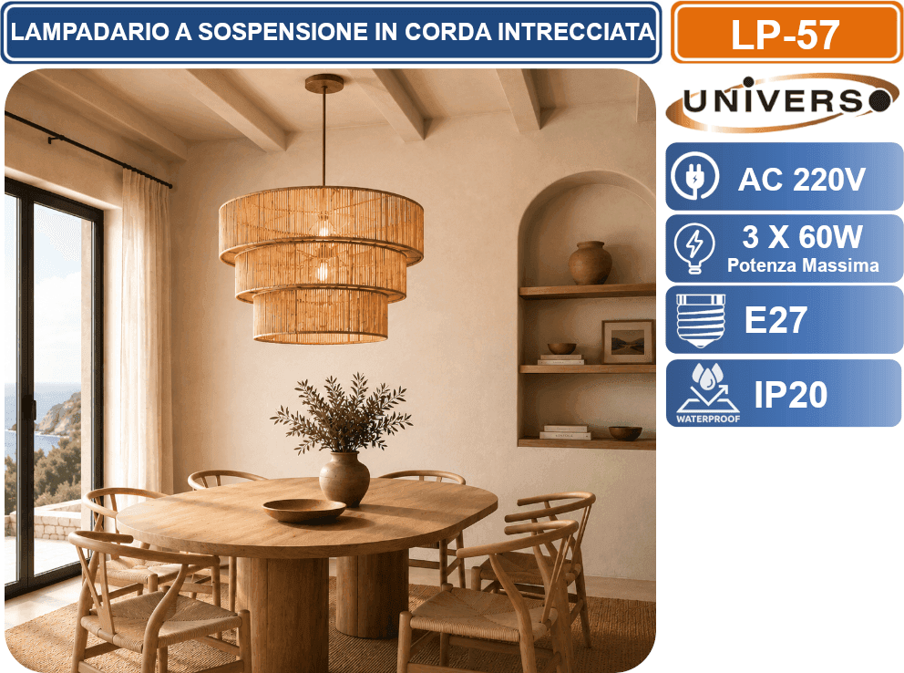 UNIVERSO LP-57 LAMPADARIO A SOSPENSIONE INTRECCIATO 3 LIVELLI IN CORDA DI CARTA NATURALE Ø50 CM CON 3 ATTACCHI E27 - 4
