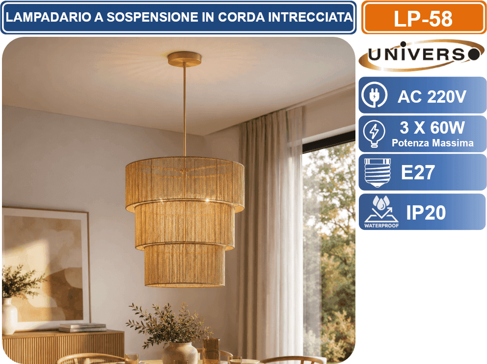 UNIVERSO LP-58 LAMPADARIO A SOSPENSIONE INTRECCIATO 3 LIVELLI IN CORDA DI CARTA NATURALE Ø50 CM CON 3 ATTACCHI E27 - 3