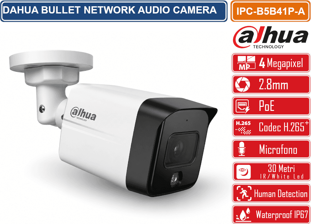 DAHUA IPC-B5B41P-A TELECAMERA BULLET IP 4MP POE CON MICROFONO VISIONE NOTTURNA IR 30M HUMAN DETECTION E PROTEZIONE IP67 - 2