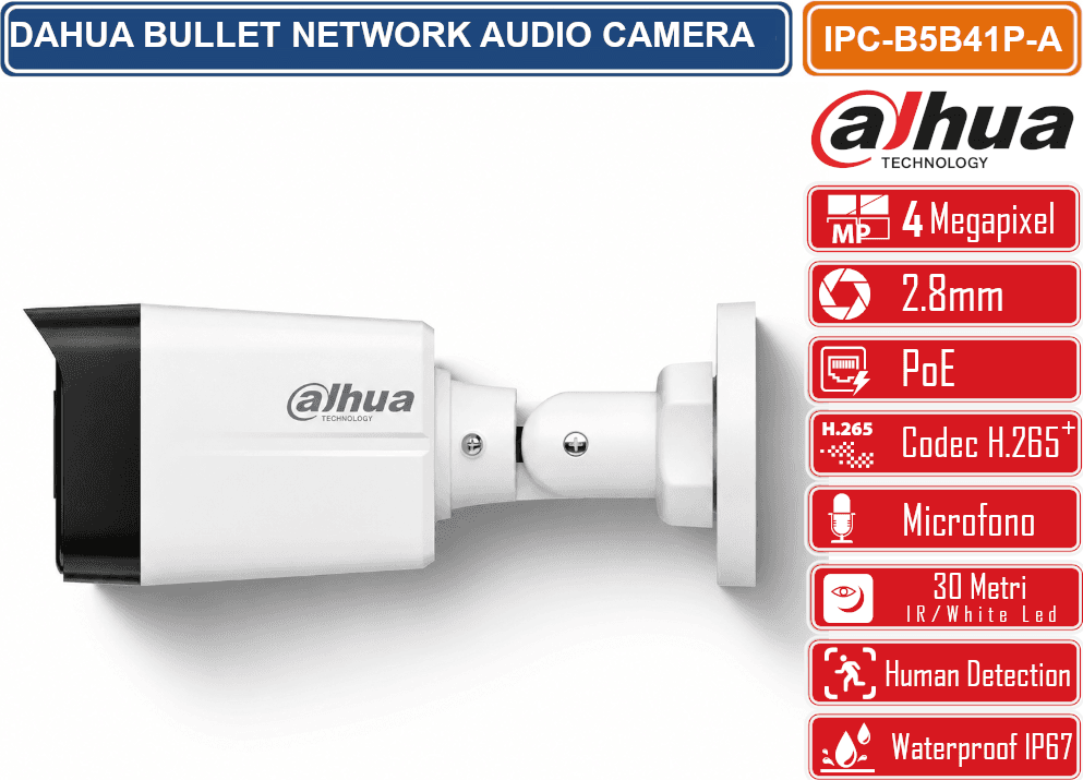 DAHUA IPC-B5B41P-A TELECAMERA BULLET IP 4MP POE CON MICROFONO VISIONE NOTTURNA IR 30M HUMAN DETECTION E PROTEZIONE IP67 - 3