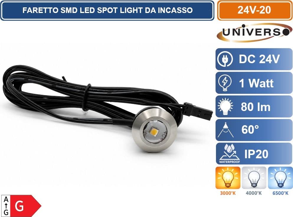 FARETTO LED DA INCASSO UNIVERSO 24V-20 1W 24V DC IN ALLUMINIO Ø24MM CON CAVO 2 METRI - 2