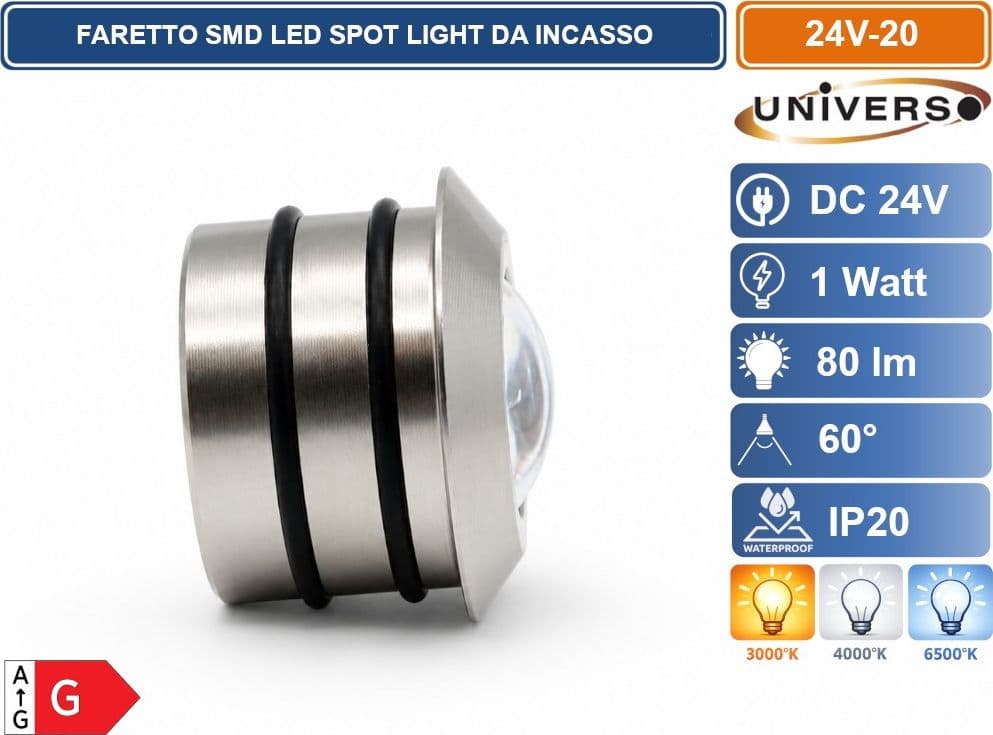 FARETTO LED DA INCASSO UNIVERSO 24V-20 1W 24V DC IN ALLUMINIO Ø24MM CON CAVO 2 METRI - 3