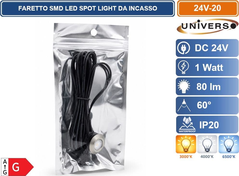 FARETTO LED DA INCASSO UNIVERSO 24V-20 1W 24V DC IN ALLUMINIO Ø24MM CON CAVO 2 METRI - 4