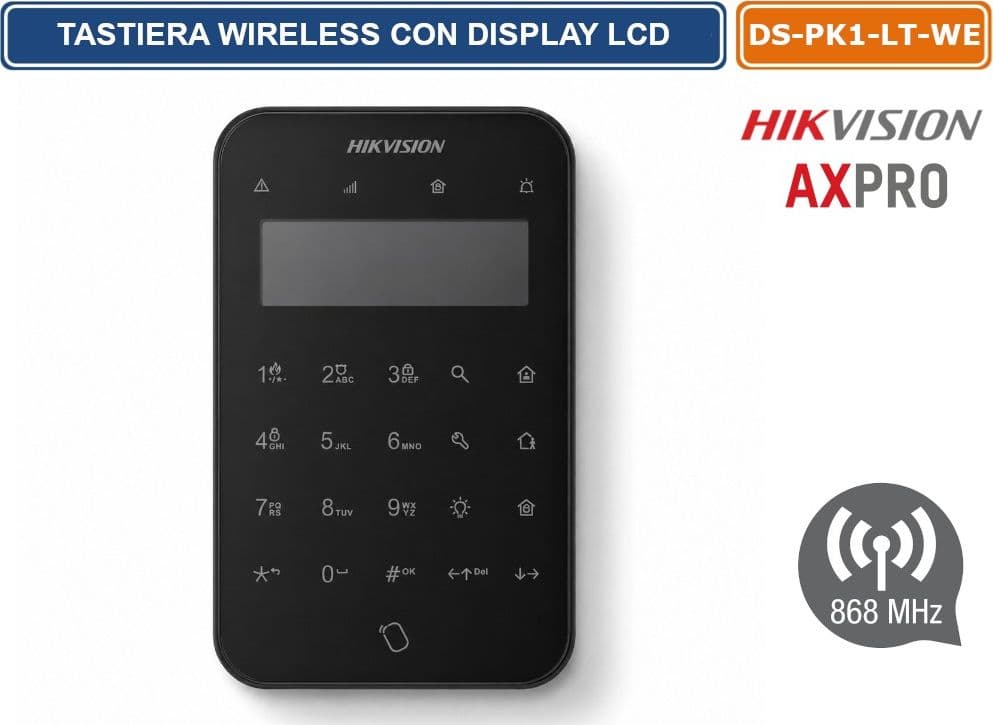 HIKVISION DS-PK1-LT-WE/BLACK TASTIERA WIRELESS LCD AX PRO 868MHZ CON DISPLAY E TASTI TOUCH RETROILLUMINATI - 2