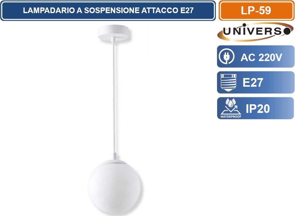 UNIVERSO LP-59 LAMPADARIO MODERNO A SOSPENSIONE BIANCO CON SFERA OPALINA Ø30 CM ATTACCO E27 - 2