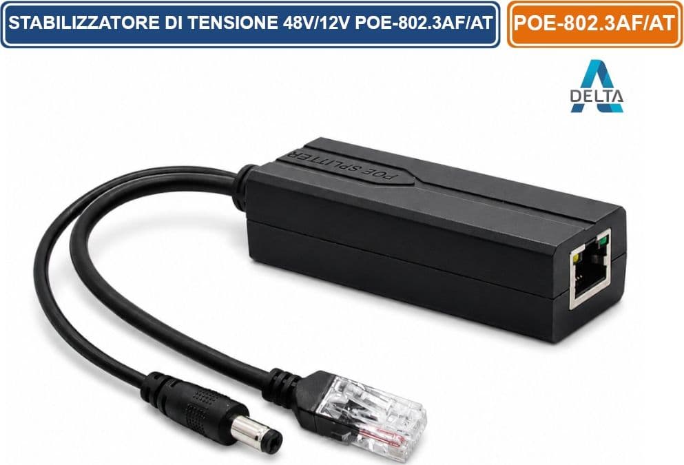 STABILIZZATORE DI TENSIONE SPLITTER POE 48V/12V DELTA NETWORK 802.3AF/AT CON USCITA RJ45 E DC 2.1/5.5MM - 2