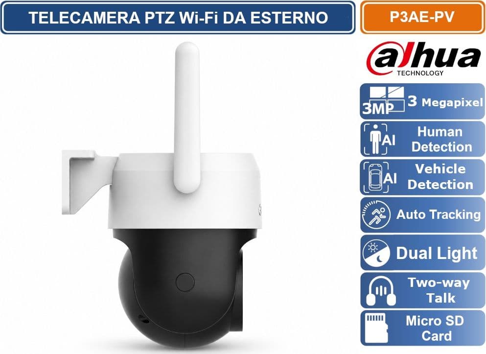DAHUA P3AE-PV TELECAMERA IP SPEED DOME WI-FI 3MP 4MM DA ESTERNO IP66 SMART DUAL LIGHT AUDIO BIDIREZIONALE AUTO TRACKING - 2