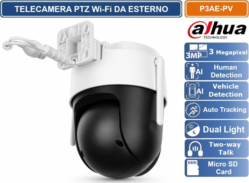 DAHUA P3AE-PV TELECAMERA IP SPEED DOME WI-FI 3MP 4MM DA ESTERNO IP66 SMART DUAL LIGHT AUDIO BIDIREZIONALE AUTO TRACKING - 3