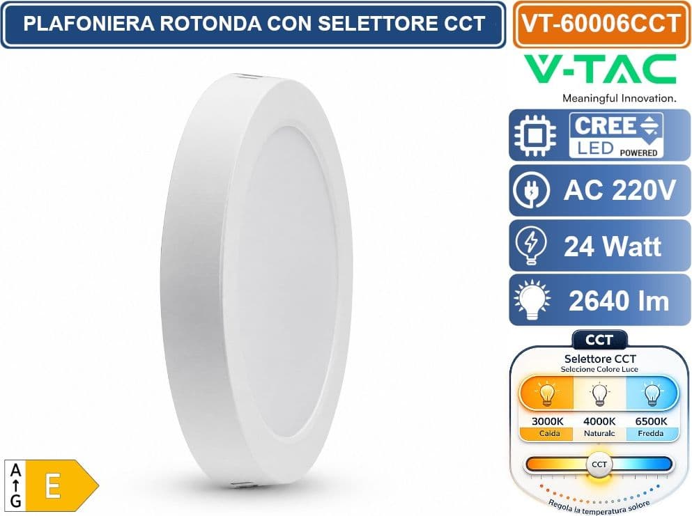 V-TAC VT-60006CCT PLAFONIERA LED CIRCOLARE 24W CHIP CREE BIANCA 2640LM IP20 CCT SWITCH CAMBIA COLORE LUCE 3000K - 4000K - 6500K - SKU 78796 - 2