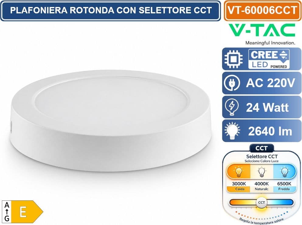 V-TAC VT-60006CCT PLAFONIERA LED CIRCOLARE 24W CHIP CREE BIANCA 2640LM IP20 CCT SWITCH CAMBIA COLORE LUCE 3000K - 4000K - 6500K - SKU 78796 - 3