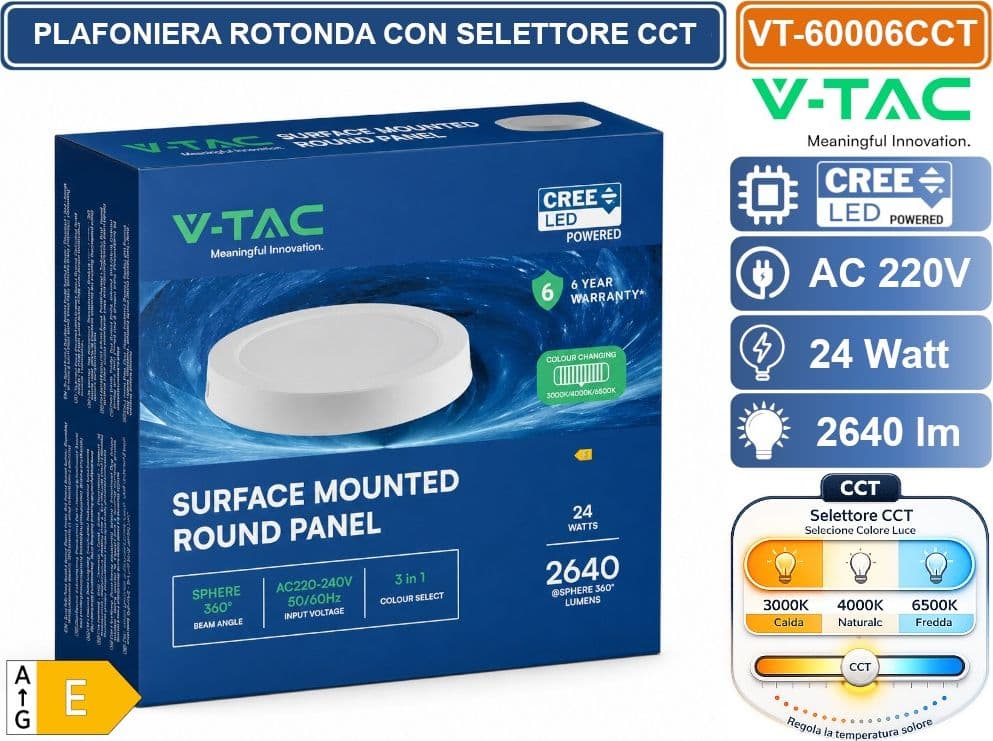 V-TAC VT-60006CCT PLAFONIERA LED CIRCOLARE 24W CHIP CREE BIANCA 2640LM IP20 CCT SWITCH CAMBIA COLORE LUCE 3000K - 4000K - 6500K - SKU 78796 - 5