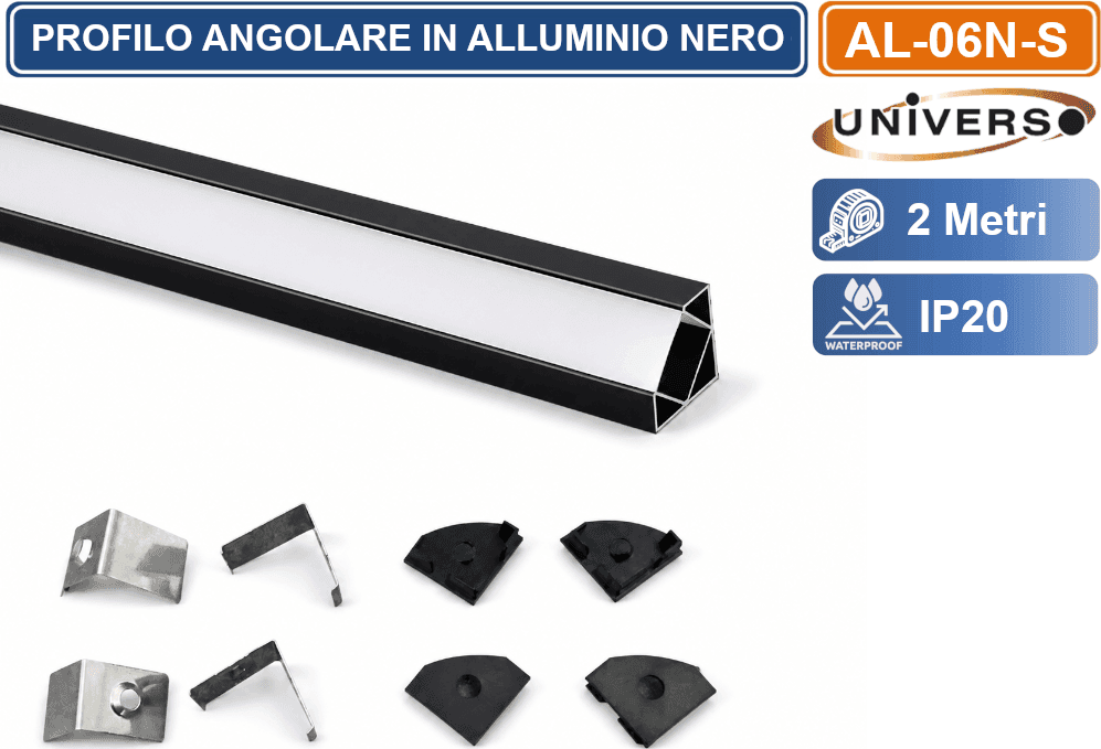 UNIVERSO AL-06N-S PROFILO ANGOLARE IN ALLUMINIO NERO PER STRISCE LED A SUPERFICIE CON COPERTURA BIANCA OPACA 2 METRI - 2