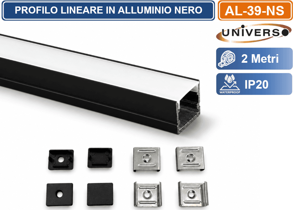 UNIVERSO AL-39-NS PROFILO LINEARE IN ALLUMINIO NERO PER STRISCE LED A SUPERFICIE CON COPERTURA BIANCA OPACA 2 METRI - 2