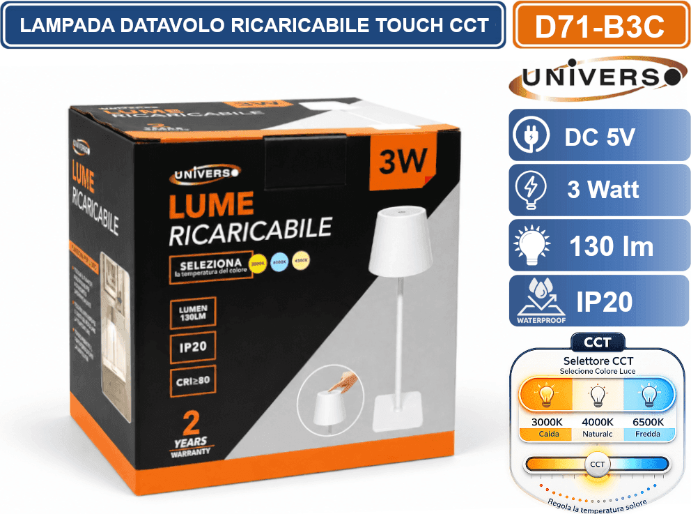 UNIVERSO D71-B3C LAMPADA LED DA TAVOLO BISTROT TOUCH RICARICABILE 3 WATT CON FUNZIONE CCT SELEZIONABILE 3000K 4000K 6500K IP20 - 5
