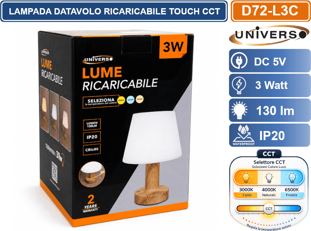 UNIVERSO D72-L3C LAMPADA LED DA TAVOLO RICARICABILE 3 WATT CON FUNZIONE CCT SELEZIONABILE 3000K 4000K 6500K IP20 - 5