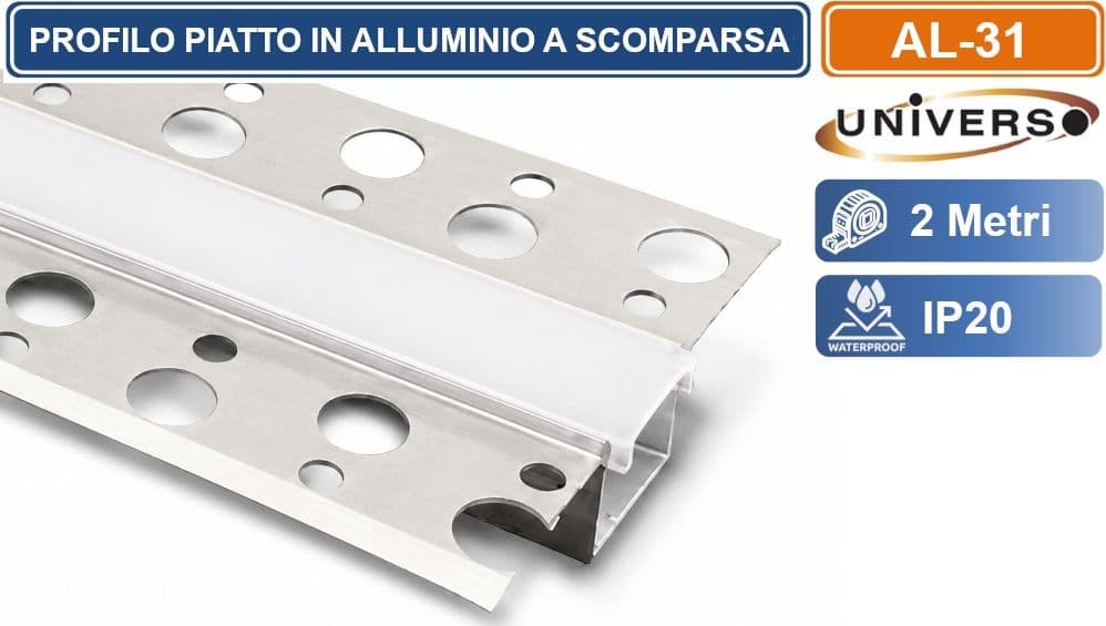 UNIVERSO AL-31 PROFILO PIATTO IN ALLUMINIO PER STRISCE LED A SCOMPARSA CON COPERTURA OPACA LUNGHEZZA 2 METRI - 2