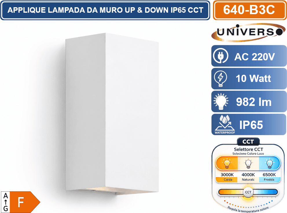 UNIVERSO 640-B3C LAMPADA  APPLIQUE LED DA MURO 10W DOPPIO FASCIO LUMINOSO CON FUNZIONE CCT SELEZIONABILE 3000K 4000K 6500K IP65 - 2