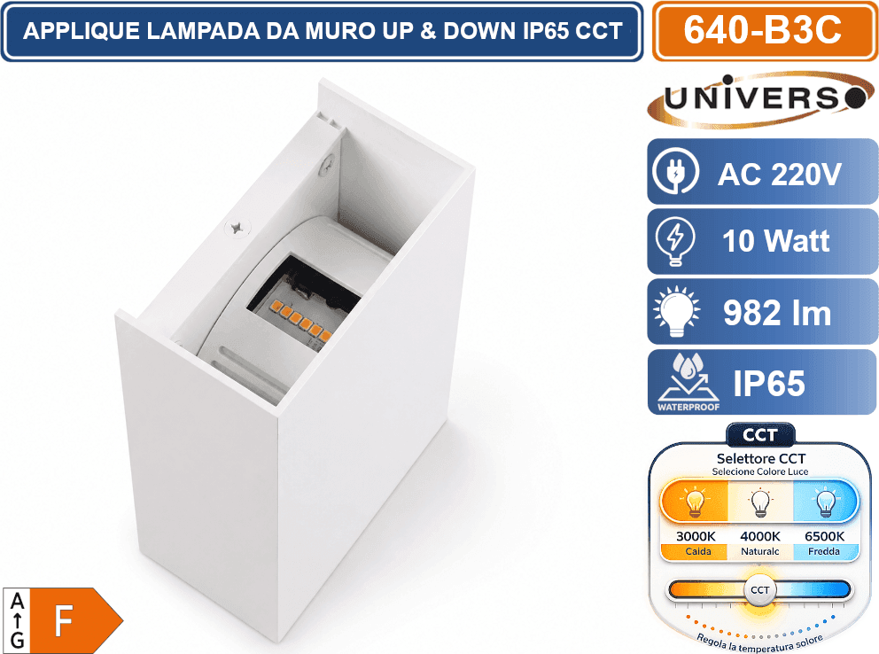 UNIVERSO 640-B3C LAMPADA  APPLIQUE LED DA MURO 10W DOPPIO FASCIO LUMINOSO CON FUNZIONE CCT SELEZIONABILE 3000K 4000K 6500K IP65 - 3