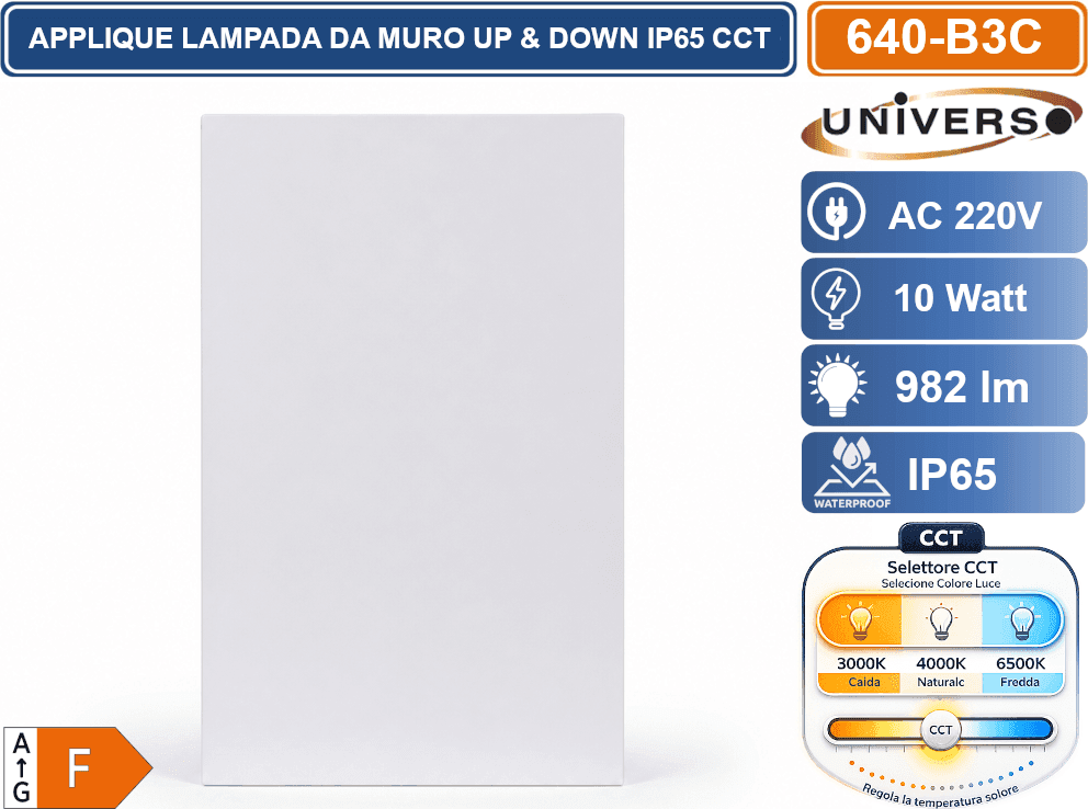 UNIVERSO 640-B3C LAMPADA  APPLIQUE LED DA MURO 10W DOPPIO FASCIO LUMINOSO CON FUNZIONE CCT SELEZIONABILE 3000K 4000K 6500K IP65 - 4