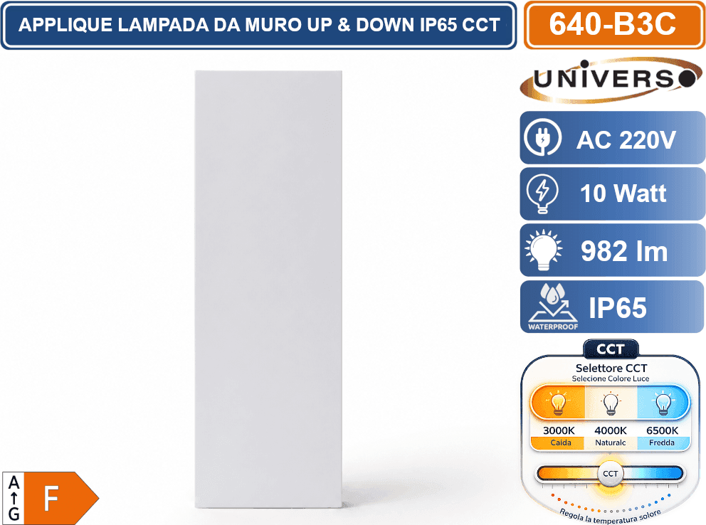 UNIVERSO 640-B3C LAMPADA  APPLIQUE LED DA MURO 10W DOPPIO FASCIO LUMINOSO CON FUNZIONE CCT SELEZIONABILE 3000K 4000K 6500K IP65 - 5