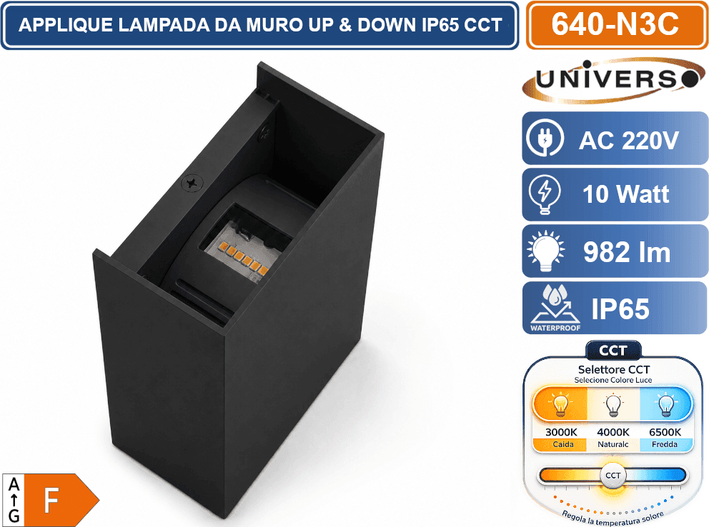 UNIVERSO 640-N3C LAMPADA  APPLIQUE LED DA MURO 10W DOPPIO FASCIO LUMINOSO CON FUNZIONE CCT SELEZIONABILE 3000K 4000K 6500K IP65 - 3