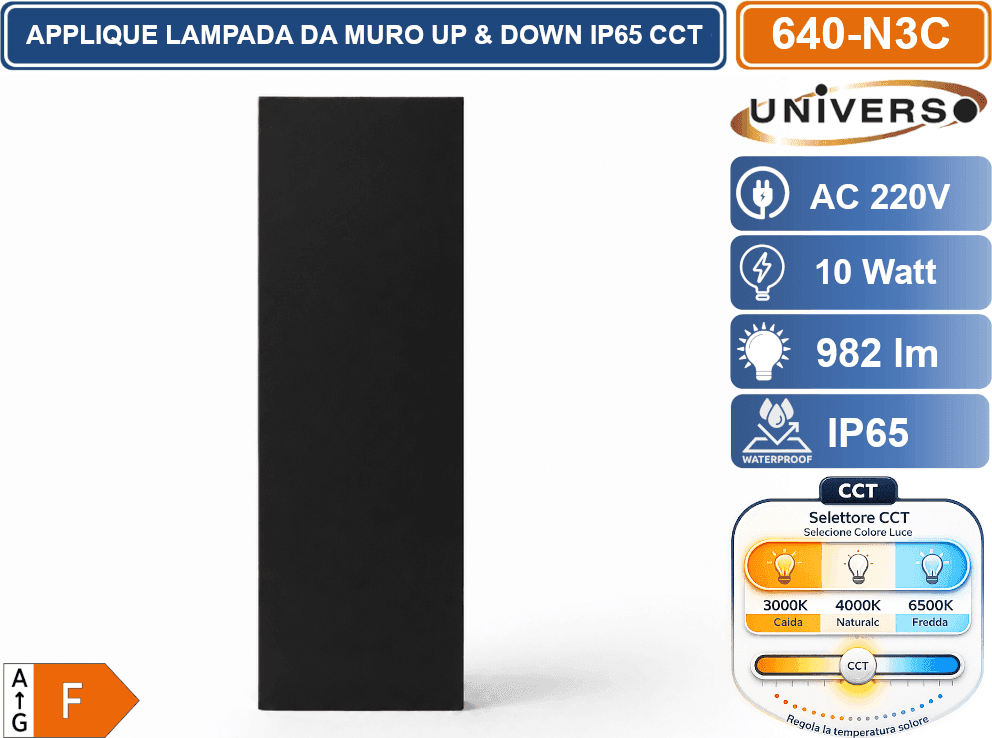 UNIVERSO 640-N3C LAMPADA  APPLIQUE LED DA MURO 10W DOPPIO FASCIO LUMINOSO CON FUNZIONE CCT SELEZIONABILE 3000K 4000K 6500K IP65 - 5