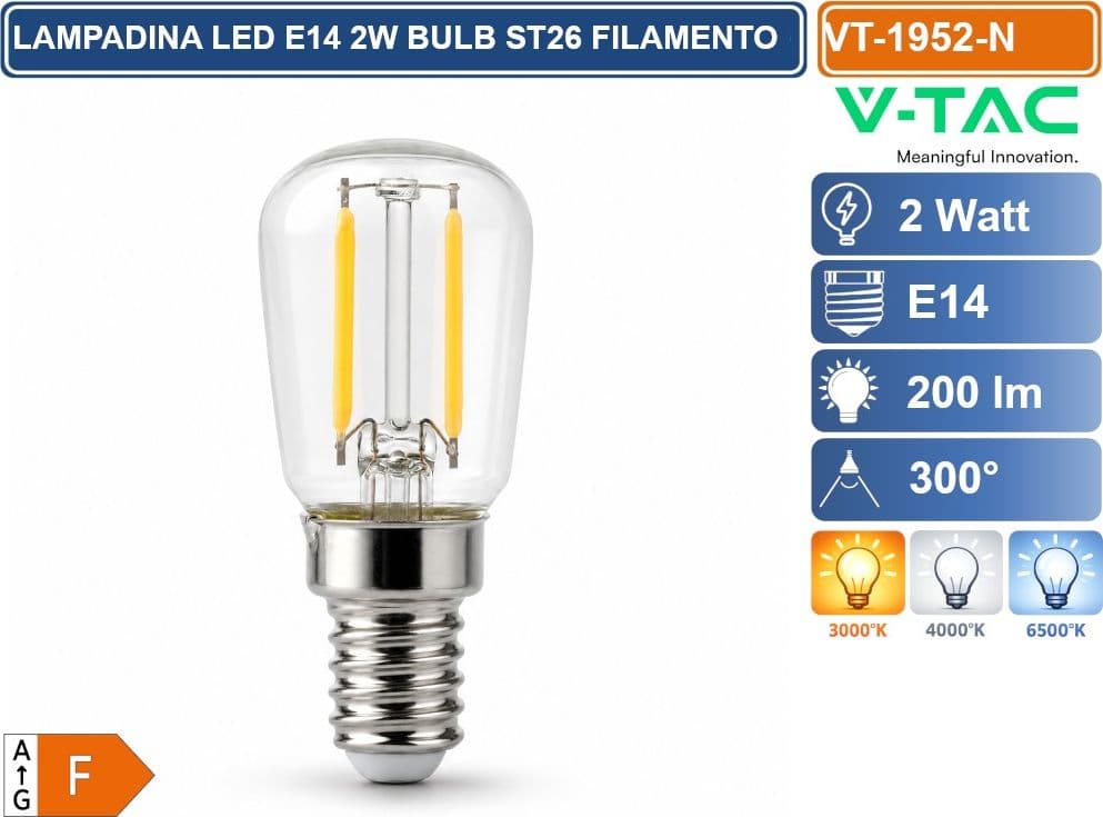 V-TAC VT-1952 LAMPADINA LED E14 2W BULB ST26 TUBOLARE FILAMENT VETRO TRASPARENTE 3000K - 4000K - 6500K - 2