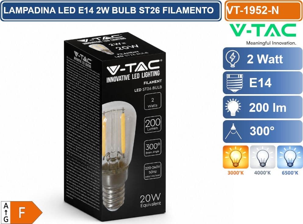 V-TAC VT-1952 LAMPADINA LED E14 2W BULB ST26 TUBOLARE FILAMENT VETRO TRASPARENTE 3000K - 4000K - 6500K - 3