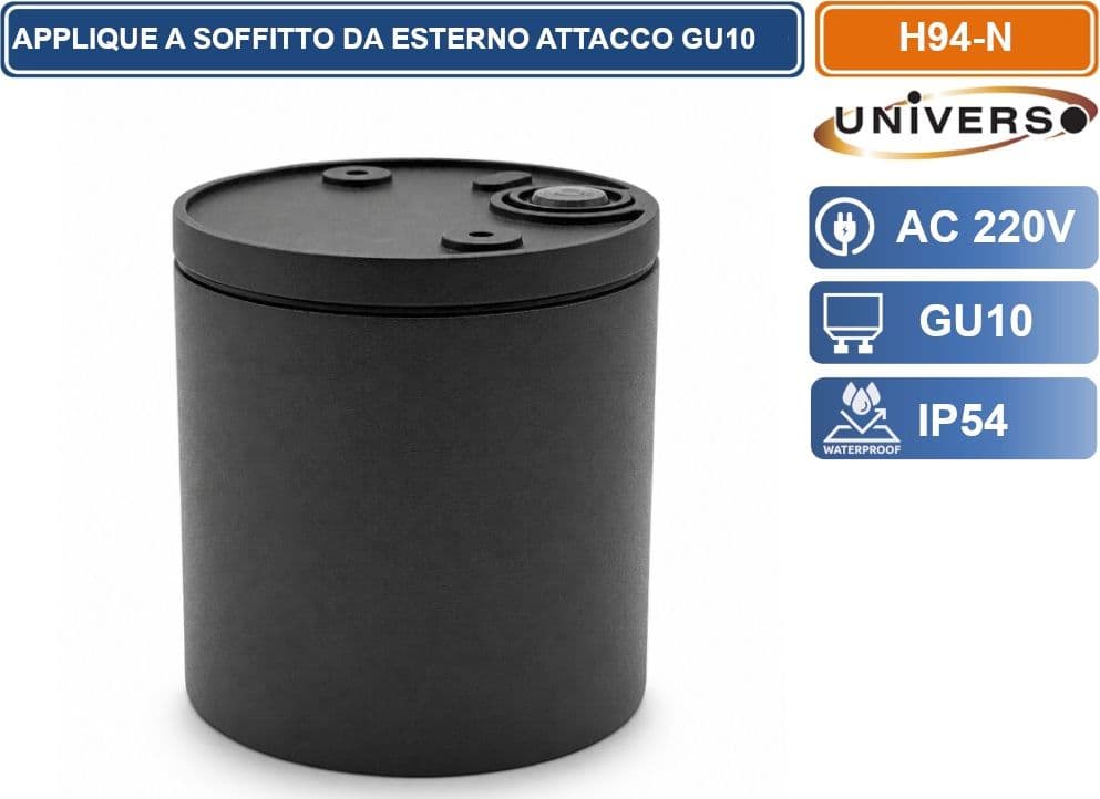 UNIVERSO H94-N LAMPADA APPLIQUE SOFFITTO CILINDRICA DA ESTERNO IP54 CON PORTALAMPADA GU10 NERO OPACO - 2