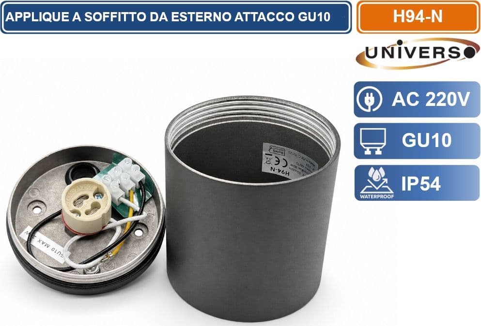 UNIVERSO H94-N LAMPADA APPLIQUE SOFFITTO CILINDRICA DA ESTERNO IP54 CON PORTALAMPADA GU10 NERO OPACO - 3