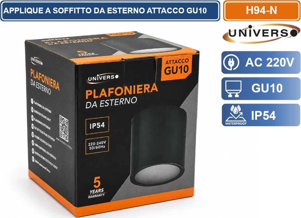UNIVERSO H94-N LAMPADA APPLIQUE SOFFITTO CILINDRICA DA ESTERNO IP54 CON PORTALAMPADA GU10 NERO OPACO - 4