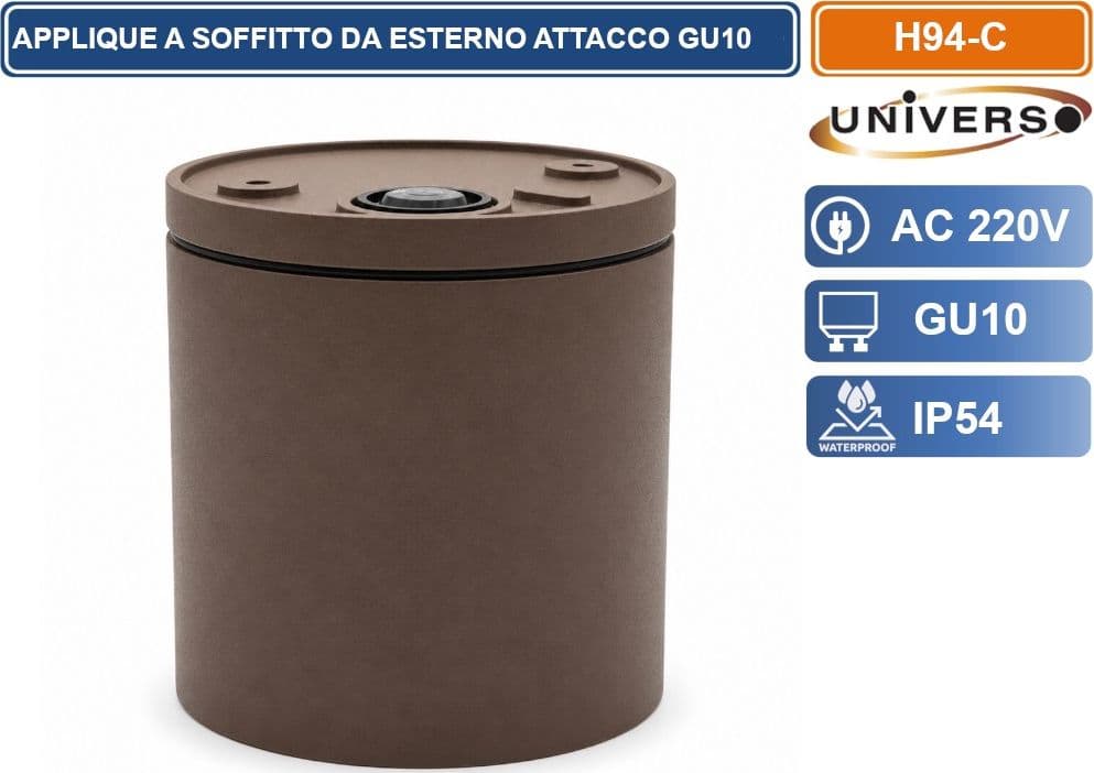 UNIVERSO H94-C LAMPADA APPLIQUE SOFFITTO CILINDRICA DA ESTERNO IP54 CON PORTALAMPADA GU10 ROSSO RUGGINE OPACO - 2