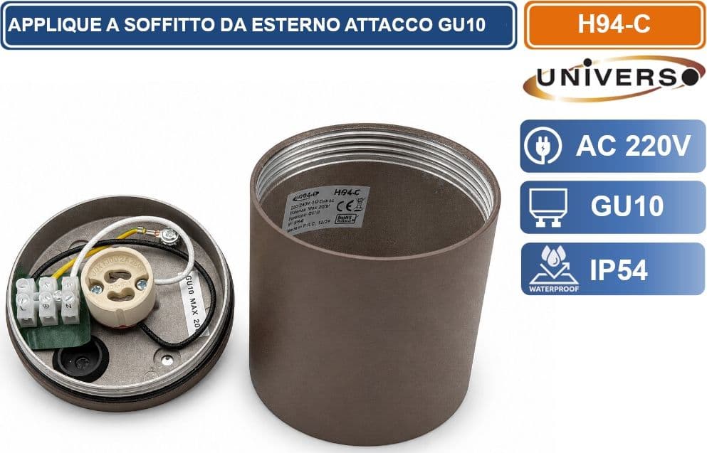 UNIVERSO H94-C LAMPADA APPLIQUE SOFFITTO CILINDRICA DA ESTERNO IP54 CON PORTALAMPADA GU10 ROSSO RUGGINE OPACO - 3