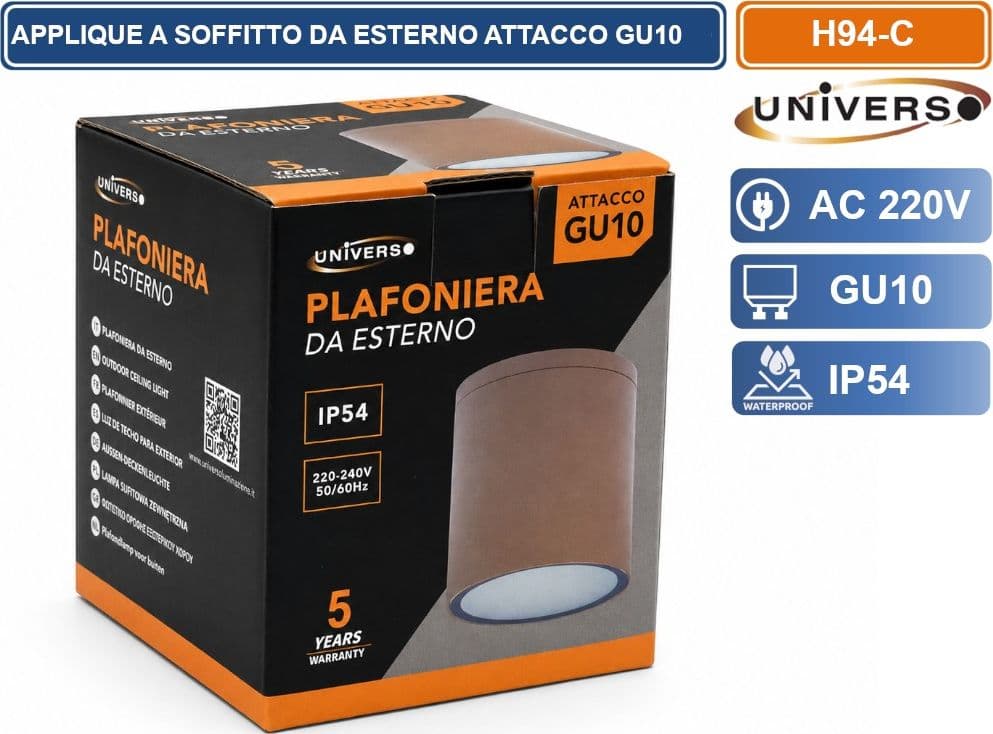 UNIVERSO H94-C LAMPADA APPLIQUE SOFFITTO CILINDRICA DA ESTERNO IP54 CON PORTALAMPADA GU10 ROSSO RUGGINE OPACO - 4