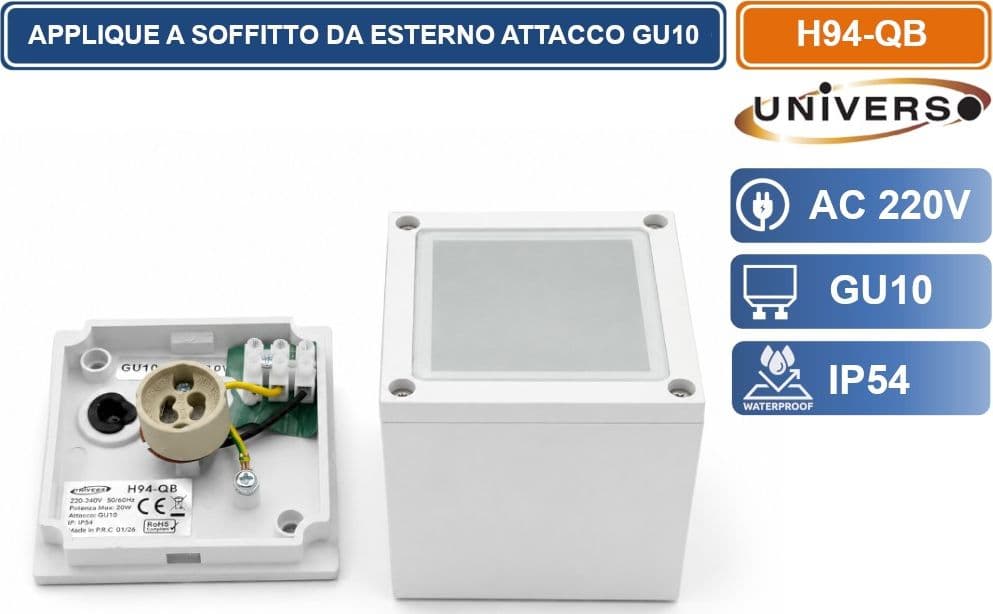 UNIVERSO H94-QB LAMPADA APPLIQUE SOFFITTO A CUBO DA ESTERNO IP54 CON PORTALAMPADA GU10 BIANCO OPACO - 3
