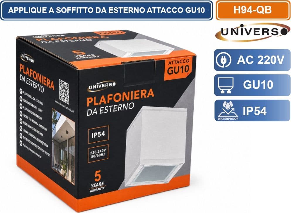UNIVERSO H94-QB LAMPADA APPLIQUE SOFFITTO A CUBO DA ESTERNO IP54 CON PORTALAMPADA GU10 BIANCO OPACO - 4