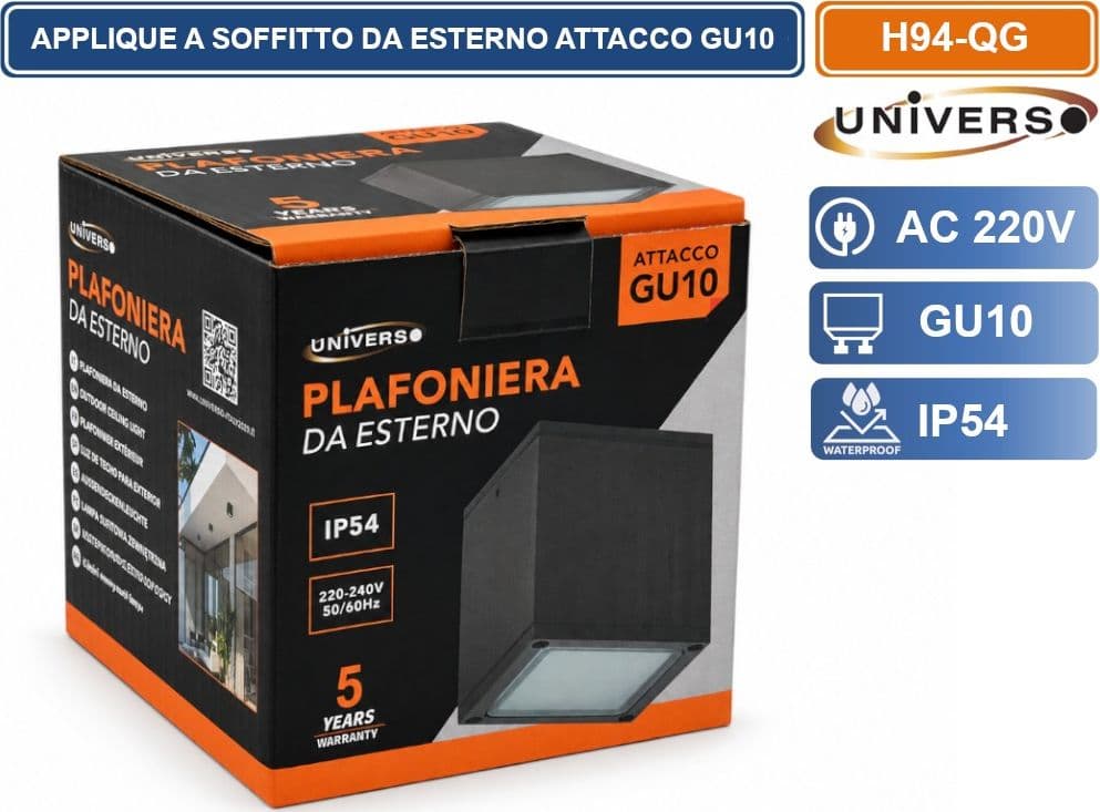 UNIVERSO H94-QB LAMPADA APPLIQUE SOFFITTO A CUBO DA ESTERNO IP54 CON PORTALAMPADA GU10 GRIGIO ANTRACITE OPACO - 4