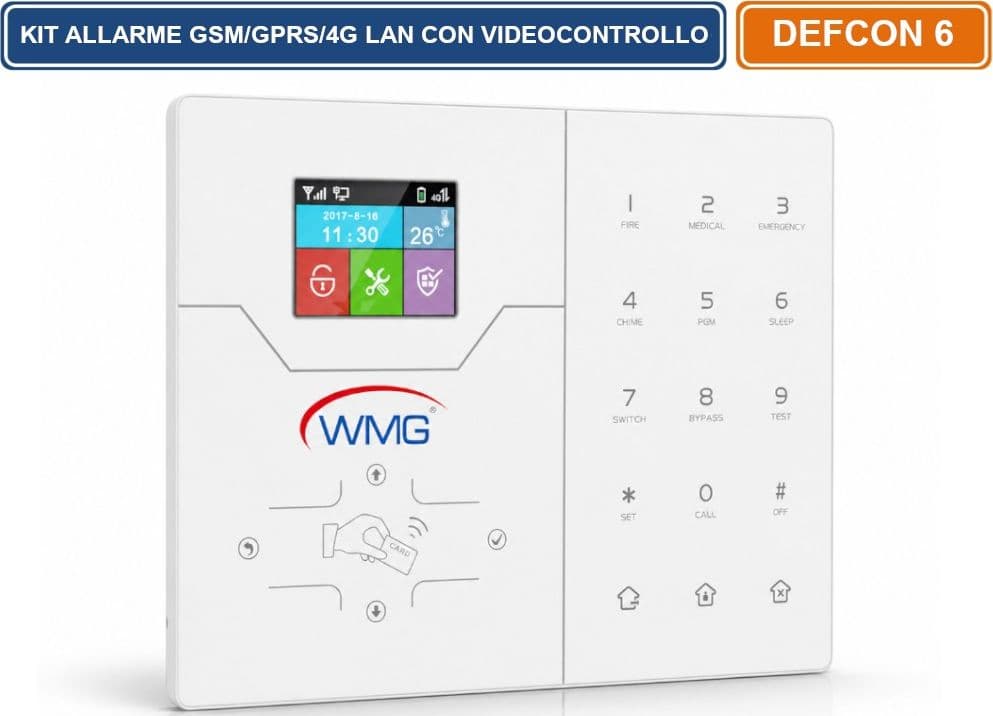 WMG DEFCON 6 LAN KIT ALLARME PROFESSIONALE GSM GPRS 4G LAN TCP-IP CON CENTRALE TOUCH APP MOBILE VIDEOCONTROLLO SENSORI WIRELESS TELECOMANDI E TAG RFID - 2