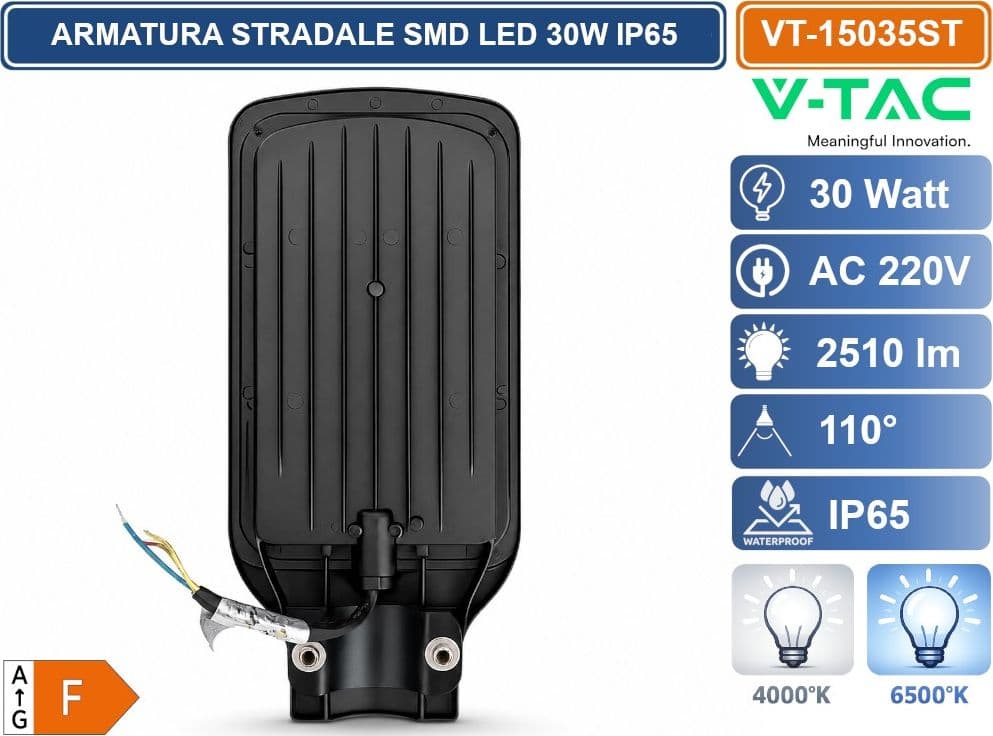 V-TAC VT-15035ST LAMPADA ARMATURA STRADALE SMD LED 30W LAMPIONE IP65 COLORE NERO 4000K 6500K - 2