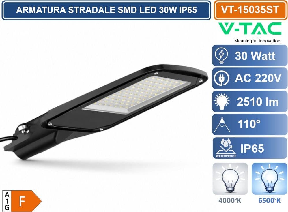 V-TAC VT-15035ST LAMPADA ARMATURA STRADALE SMD LED 30W LAMPIONE IP65 COLORE NERO 4000K 6500K - 3